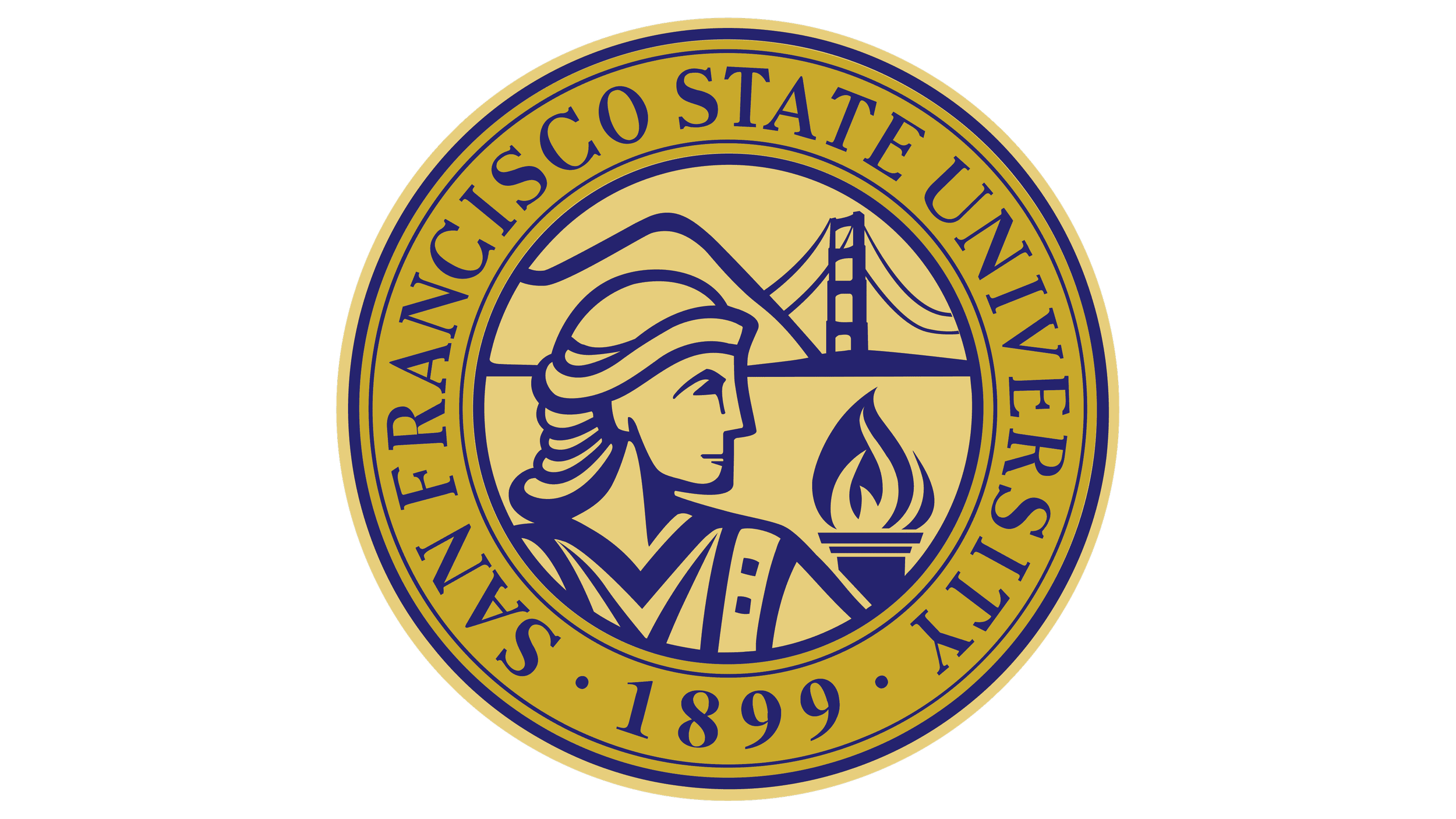 Seal of the San Francisco State University featuring a woman in profile, the Golden Gate Bridge, hills, and a flame, with the text 'San Francisco State University 1899' around the border.