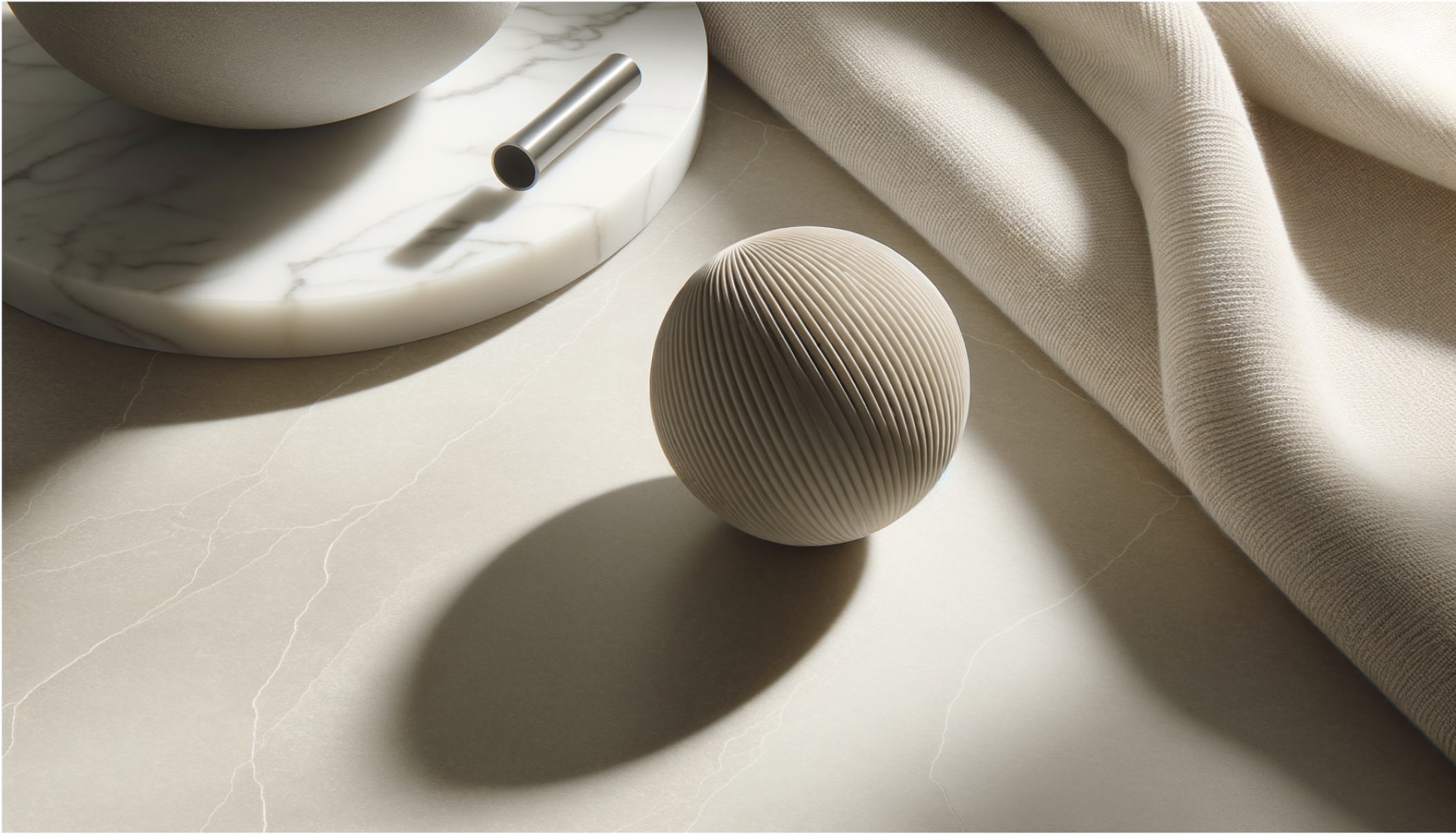 A beige textured sphere with ridges resting on a light-colored, veined marble surface. To the left, part of a white marble tray with a cylindrical metallic object, and beige fabric draped on the right.