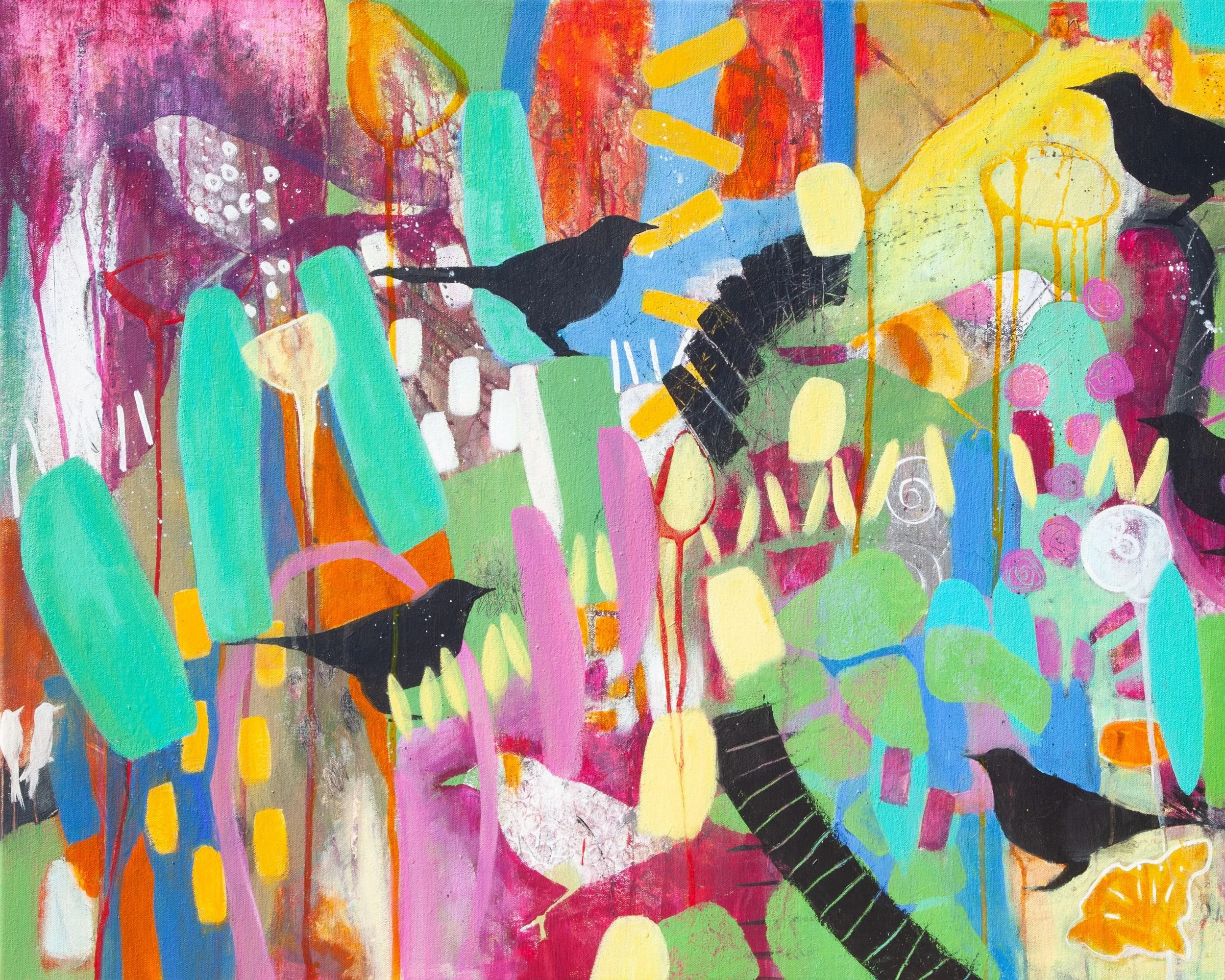 Bird watching in the garden abstract painting