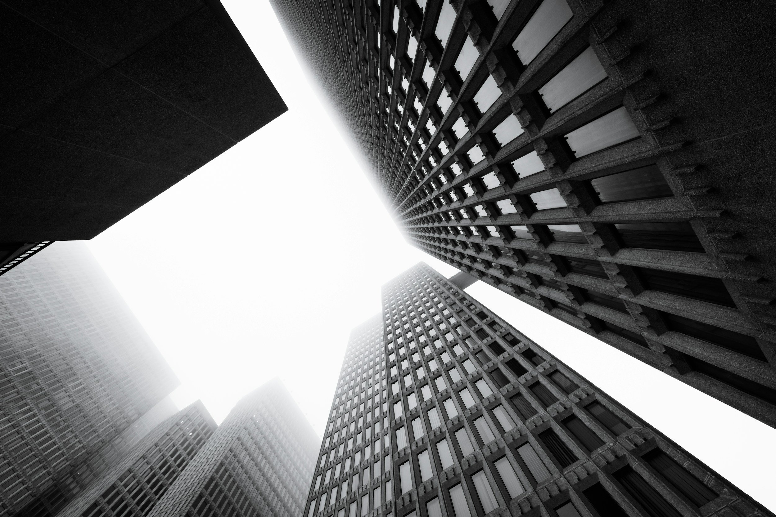 Black and white photo of tall skyscrapers viewed from the ground looking up, with a bright, overcast sky in the background.