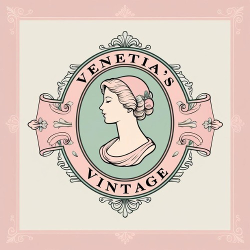 Logo Vintage-style cameo with a profile of a woman with styled hair, surrounded by decorative elements, and the text 'Venetia's Vintage'.