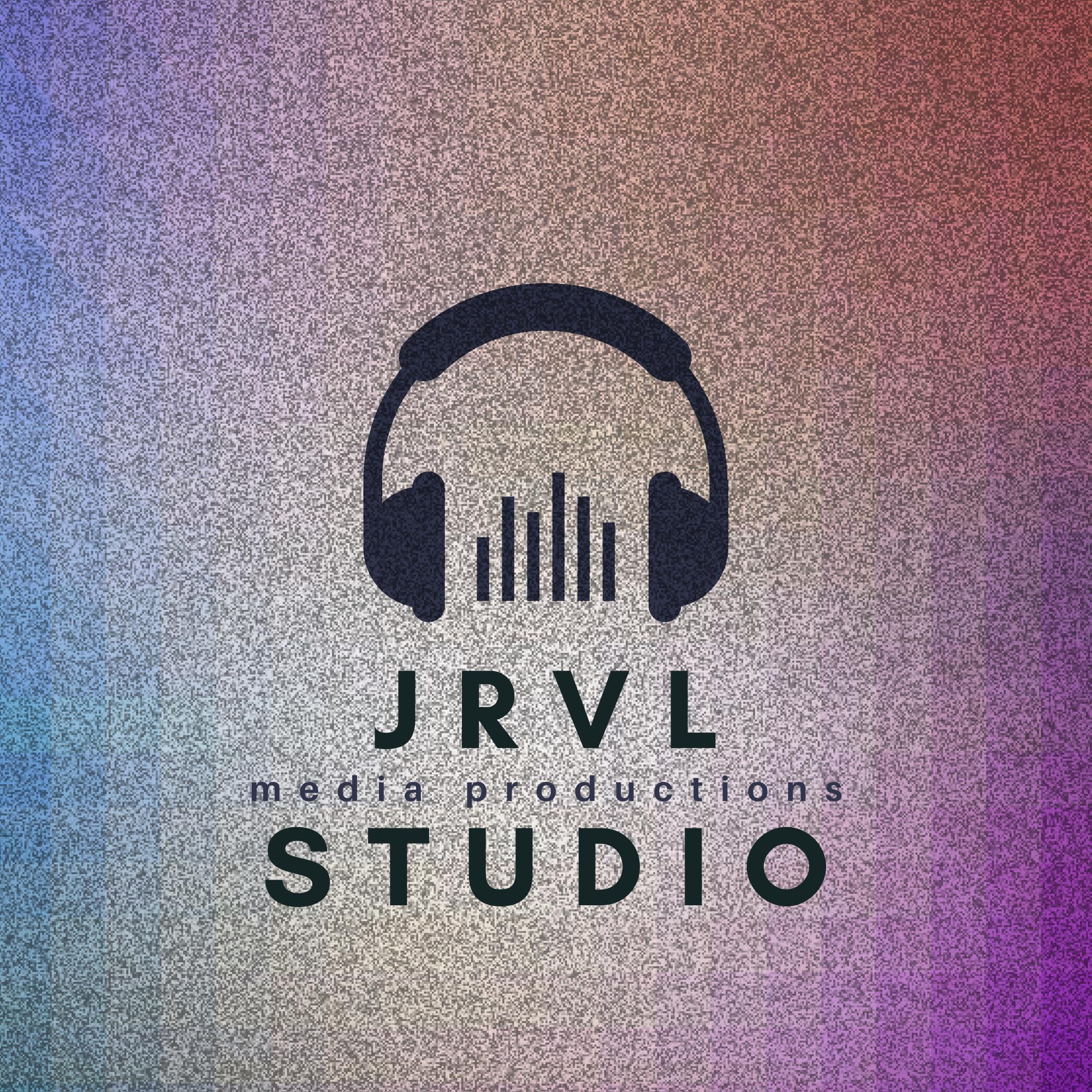 Logo of JRVL Media Productions Studio featuring a pair of headphones overlapping a bar graph, with the text JRVL media productions and STUDIO below, on a multicolor background overlayed with "static"