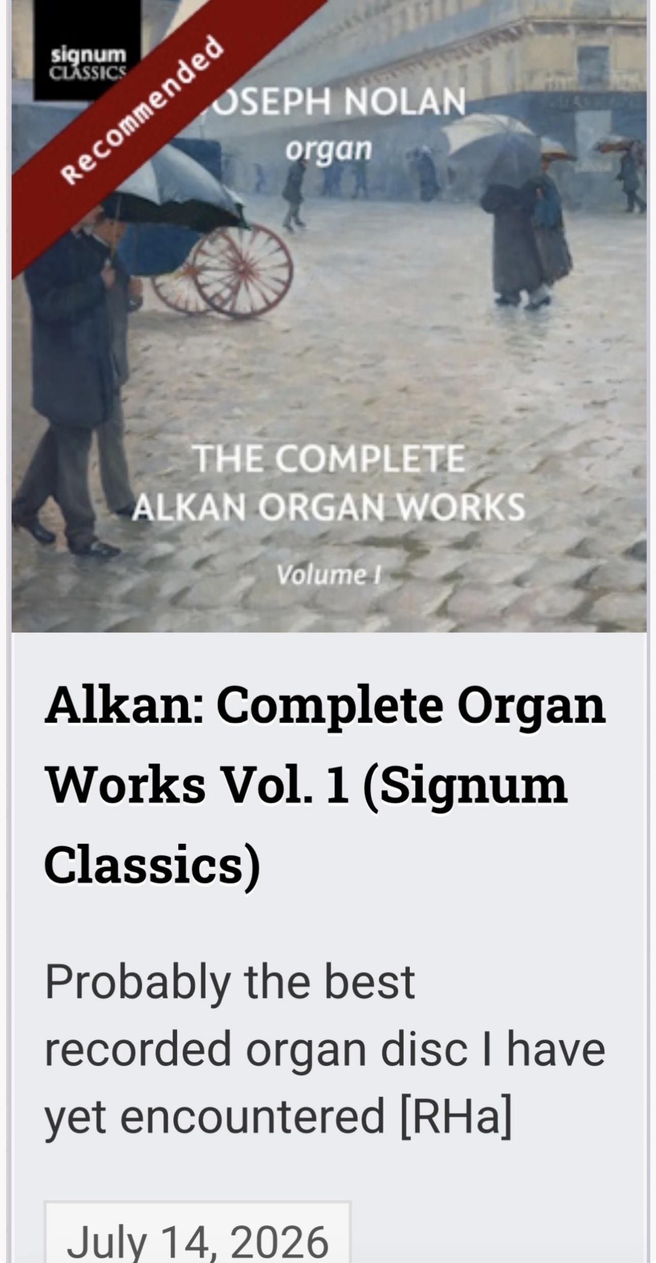 Musicweb International awards Alkan Volume One Recommended Status