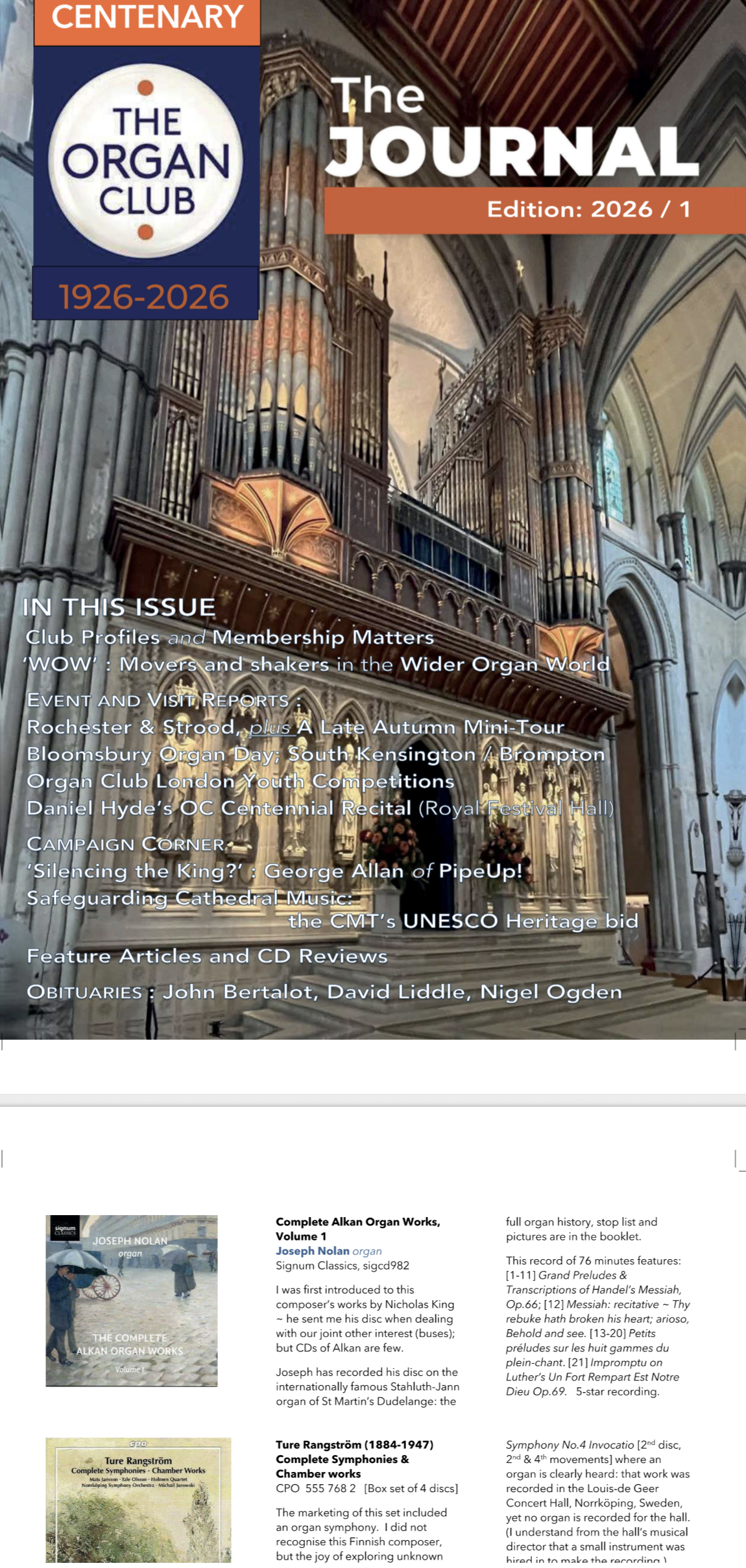 Alkan The Complete Organ Works Volume One awarded Five Stars by the Organ Club Journal UK