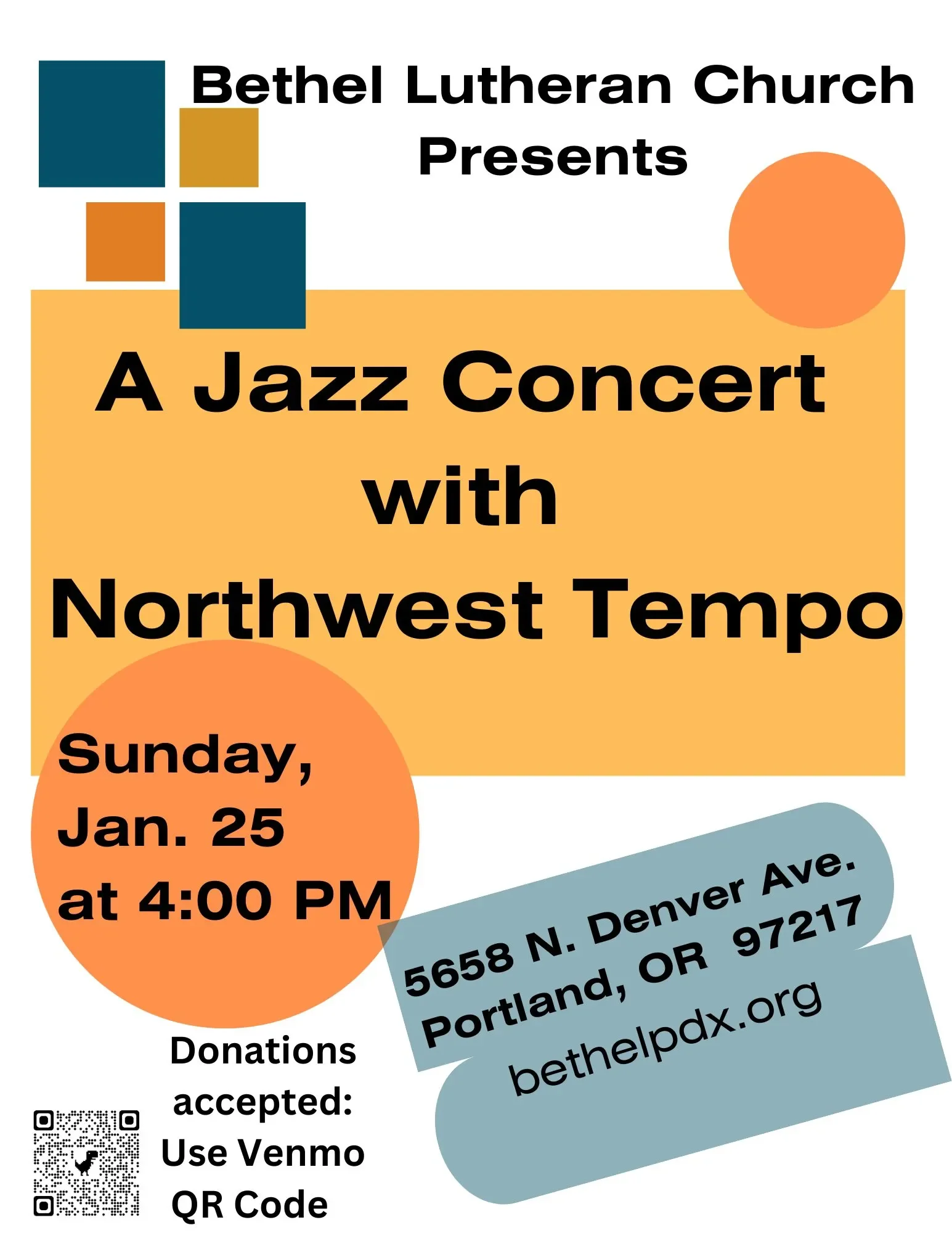 Flyer for a jazz concert at Bethel Lutheran Church featuring Northwest Tempo on Sunday, January 25th at 4:00 PM, with the address 5658 N. Denver Ave., Portland, OR 97217, and information about donations accepted via Venmo or QR code, including a QR code and church logo.