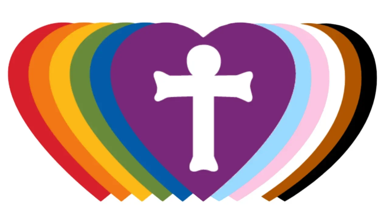 Multiple hearts in rainbow colors with a white cross in the center