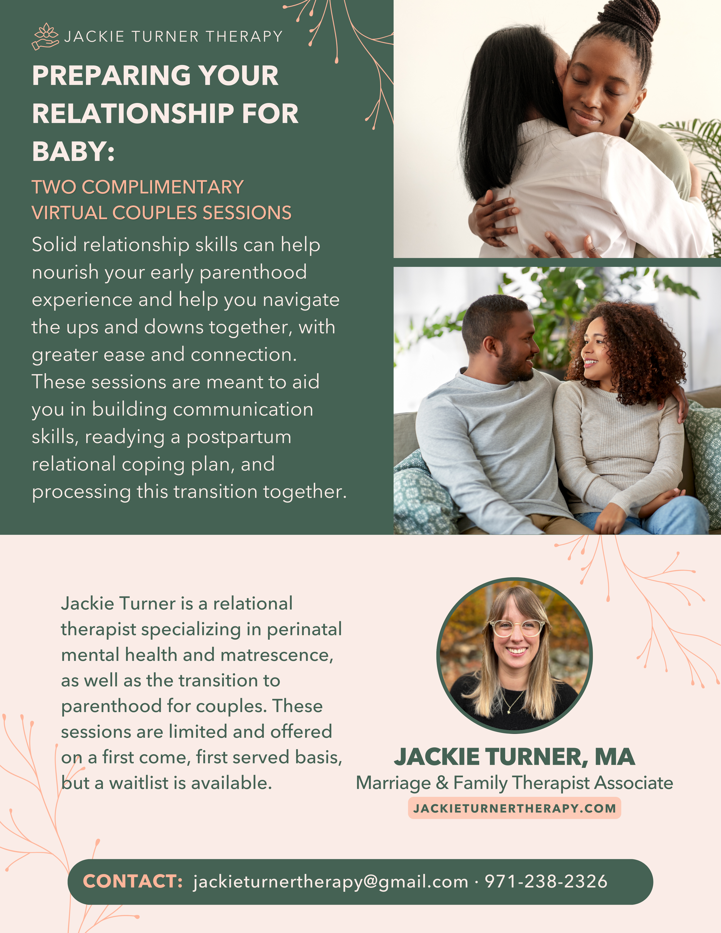 Flyer for Jackie Turner Therapy promoting virtual couple sessions for relationship preparation for new parents, featuring images of two women embracing and a smiling woman with glasses, and contact information.