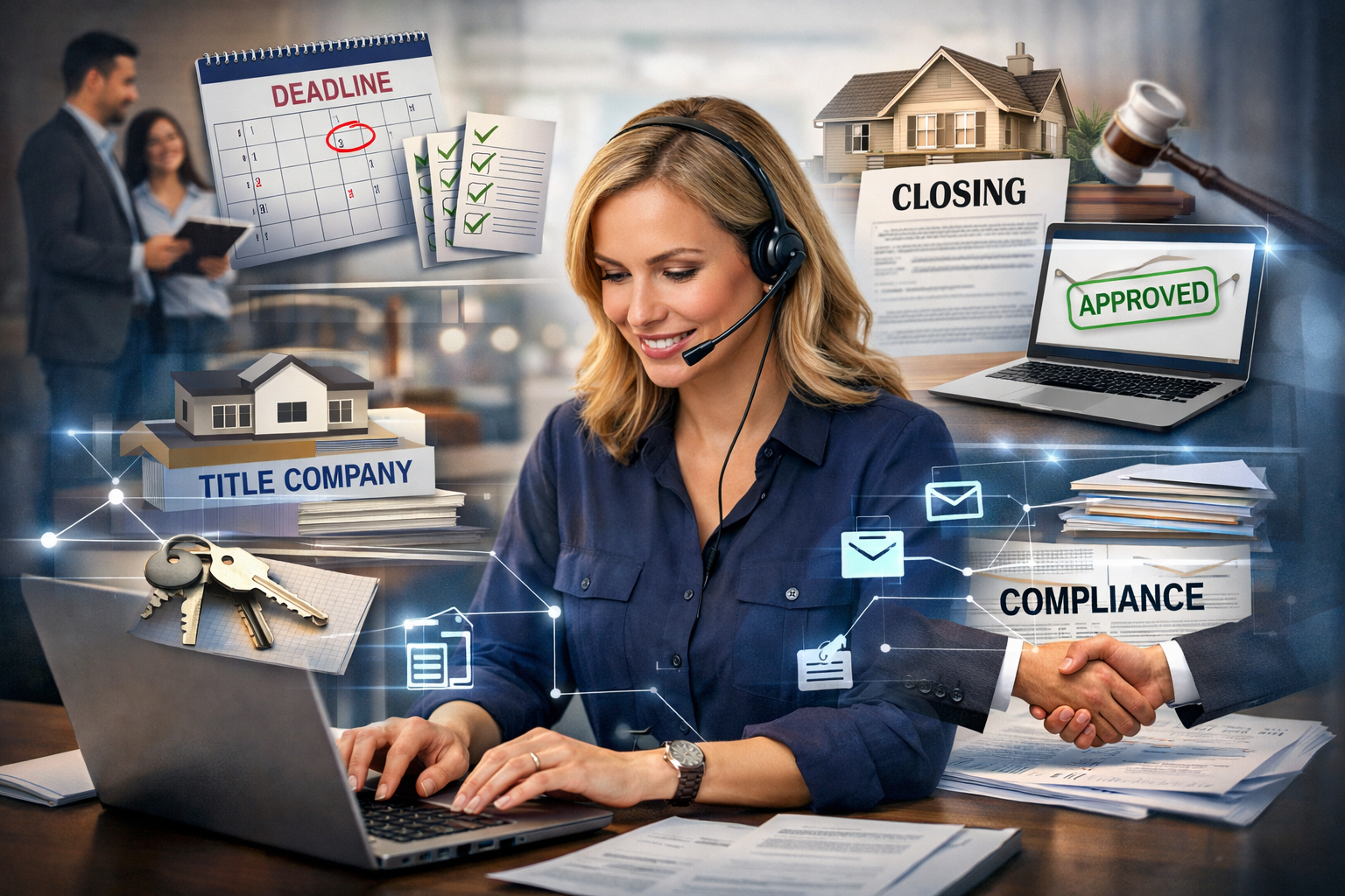 Businesswoman with a headset working on a laptop at a desk with real estate and legal documents, handshake, keys, and approval graphics.