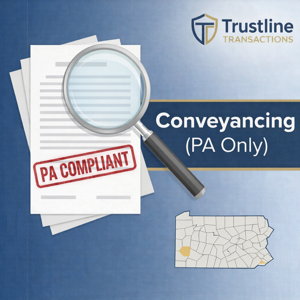 Magazine cover for Trustline Transactions featuring documents with a magnifying glass and a stamp that reads 'PA Compliant,' along with a map of Pennsylvania with some counties highlighted.
