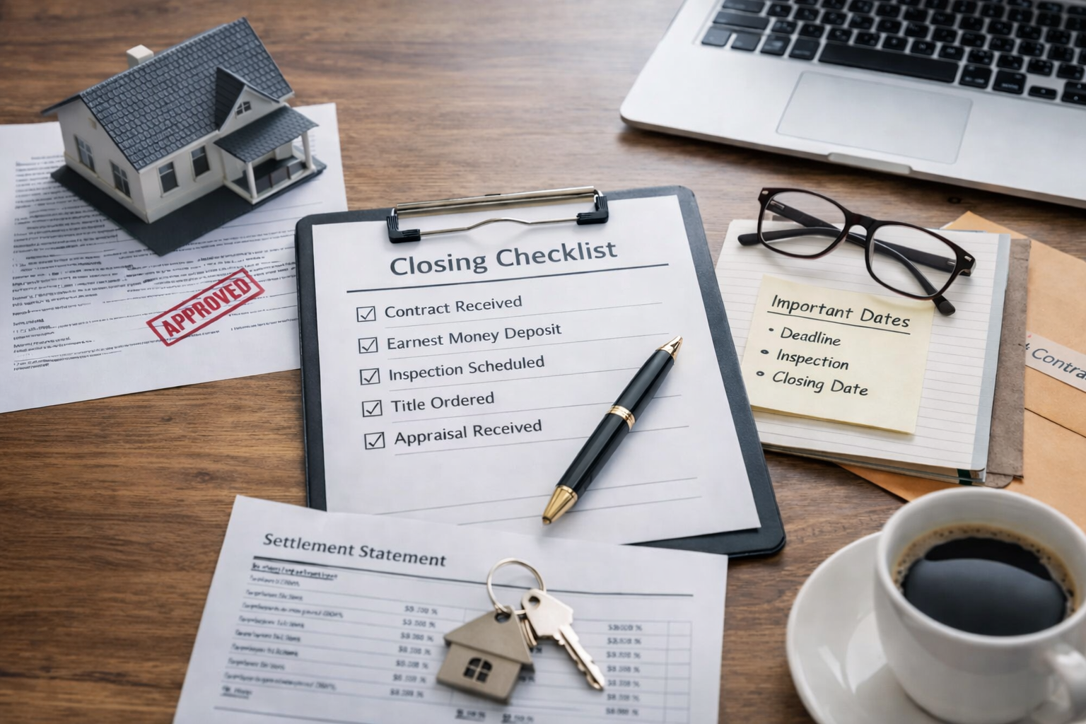 Real estate closing workspace with a house model, legal documents, a closings checklist, a yellow sticky note with important dates, a pair of glasses, a pen, and a cup of coffee.