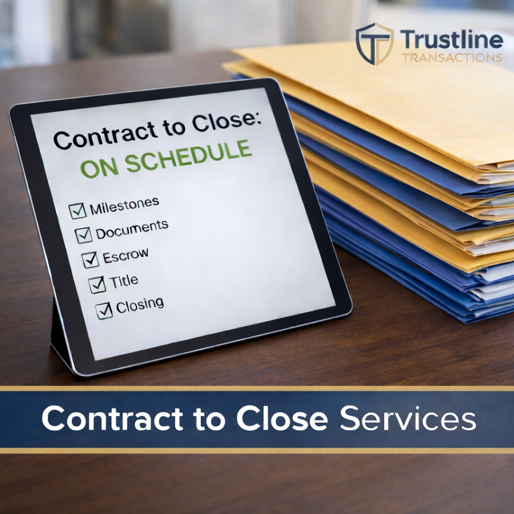 A digital tablet displaying a checklist for contract to close services, including milestones, documents, escrow, title, and closing, with a stack of manila and blue folders on a wooden desk, and a Trustline Transactions logo in the top right corner.