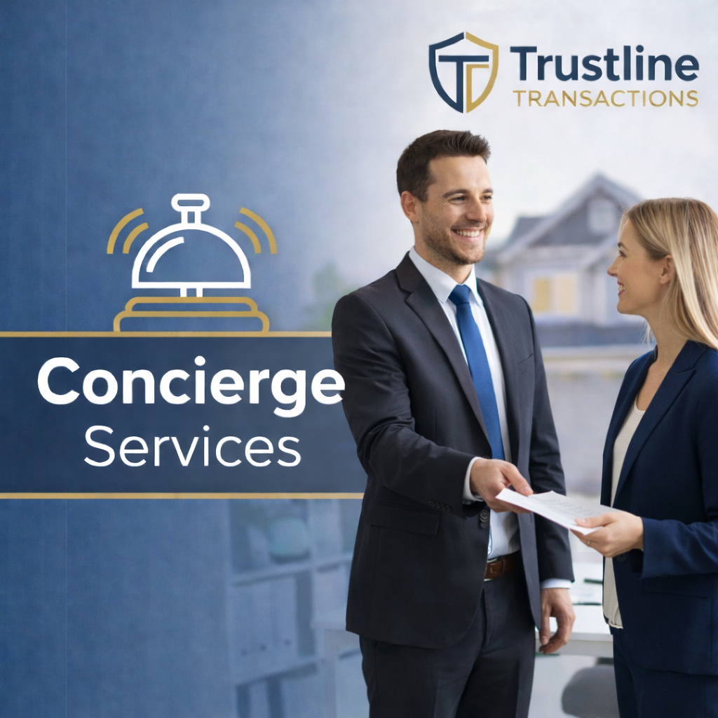 Two business professionals, a man and a woman, shaking hands in an office setting. The background features a sign for Trustline Transactions and the words 'Concierge Services' with a bell icon.
