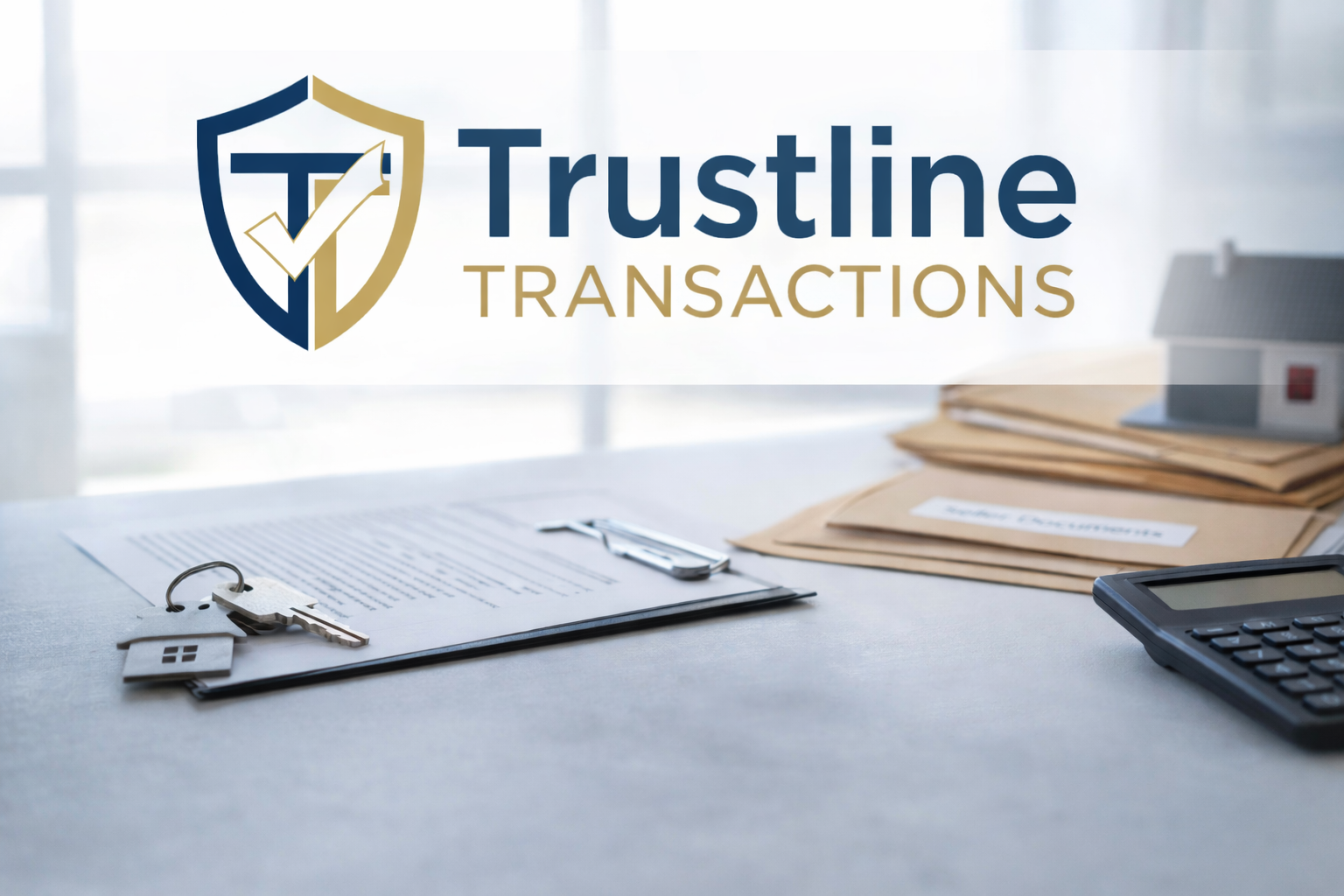 Trustline Transactions logo on glass with house keys, paperwork, calculator, and envelopes on a desk in an office setting.