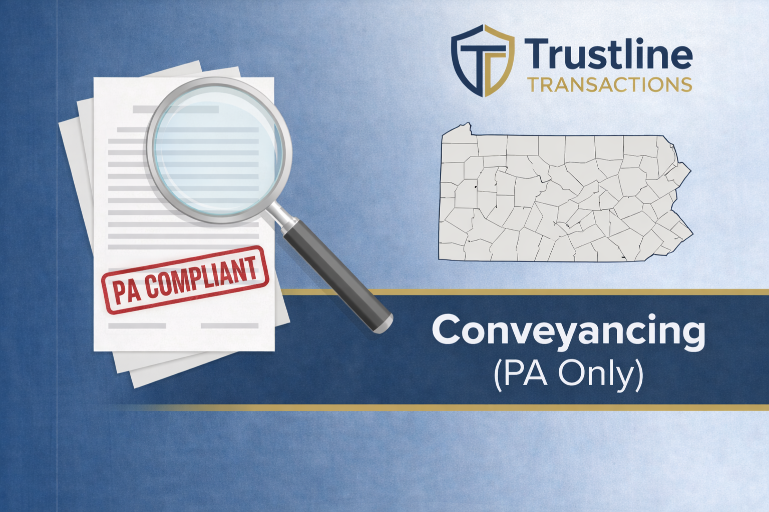 A graphic showing a map of Pennsylvania, a stack of documents with a magnifying glass, and a red stamp that reads "PA COMPLIANT." The image includes text "Trustline Transactions," "Conveyancing (PA Only)," and features a blue background with gold accents.