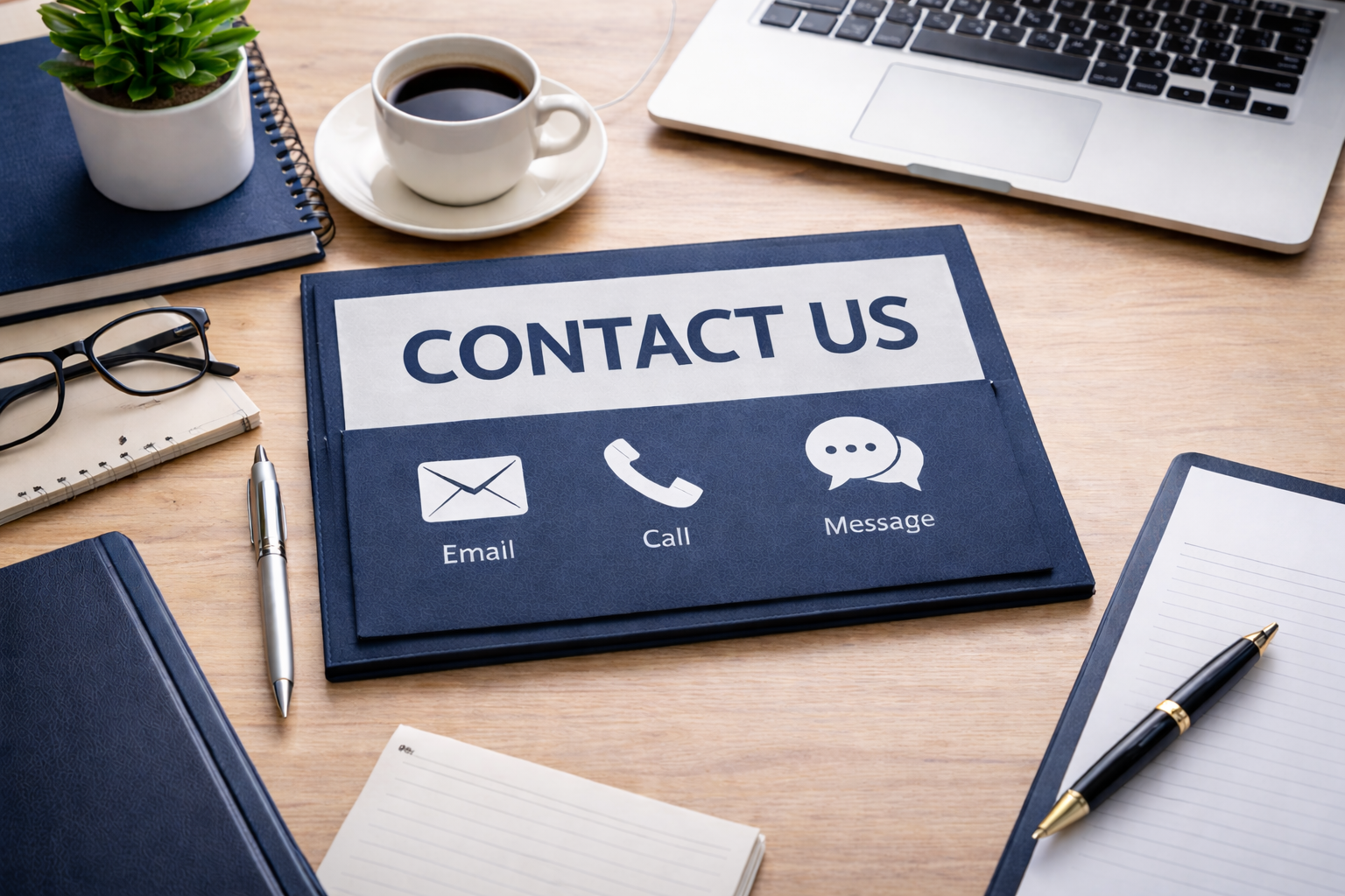 Contact information booklet with icons for email, call, and message on a desk alongside notebooks, a pen, glasses, a cup of coffee, a potted plant, and a laptop.