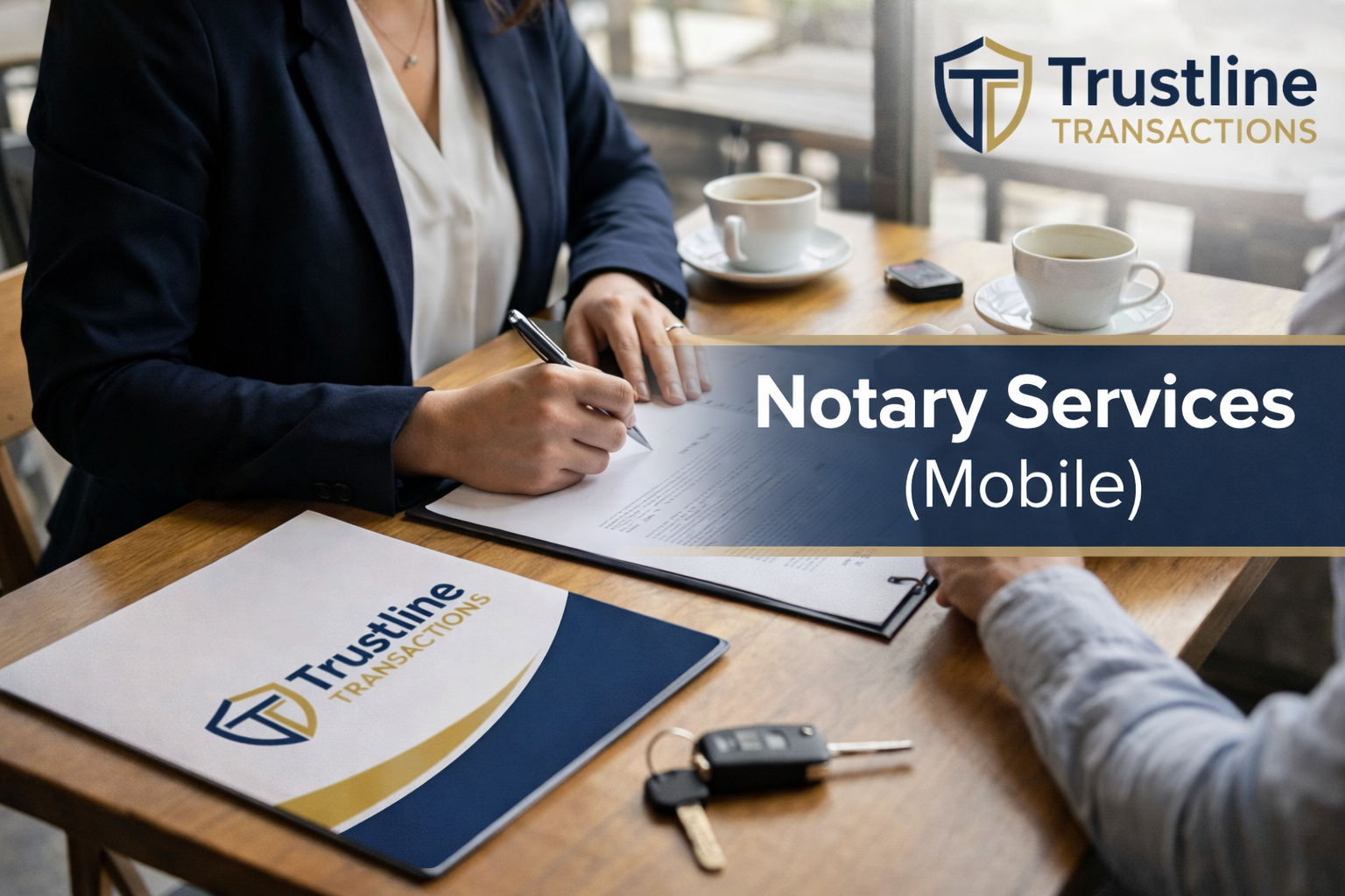 A woman in business attire signing documents at a table with two cups of coffee, a mobile phone, and an insurance folder, with a logo and text overlay for Trustline Transactions' notary services.