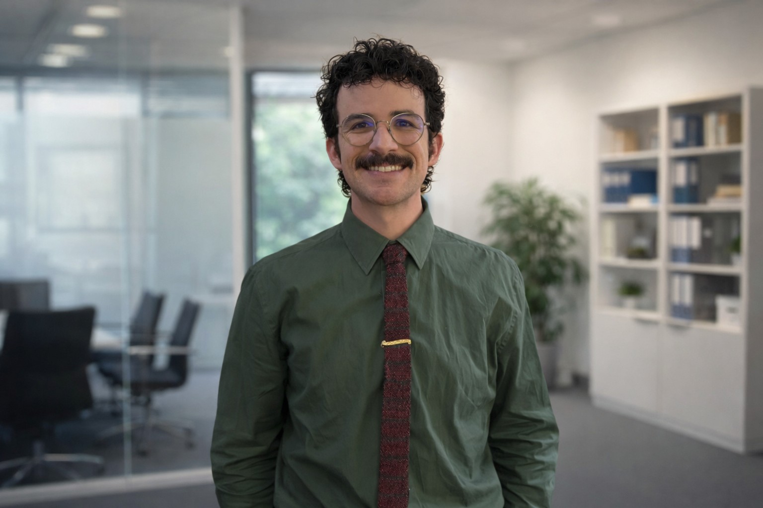 A man with curly dark hair, glasses, and a mustache standing in an office, smiling at the camera, wearing a green shirt and a maroon tie.