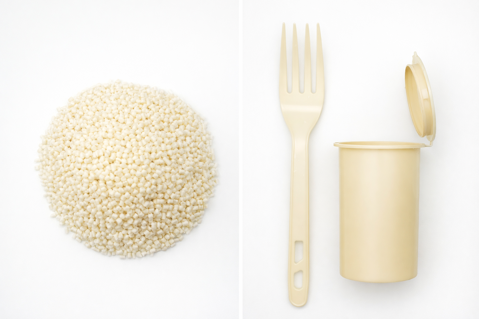 A white plastic container with an open lid, a plastic fork, and a round mound of small, white, gel-like beads or pellets.