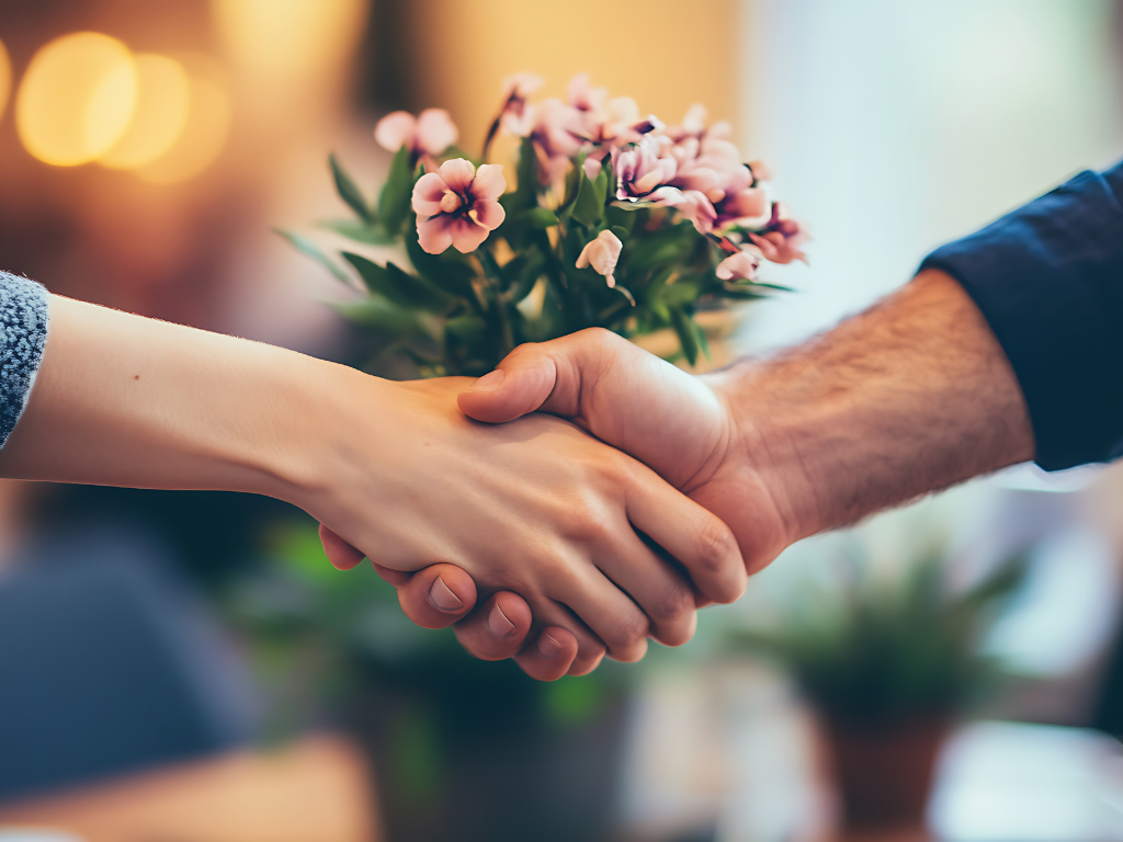 Two people shaking hands with a small pink flowered plant in the background.