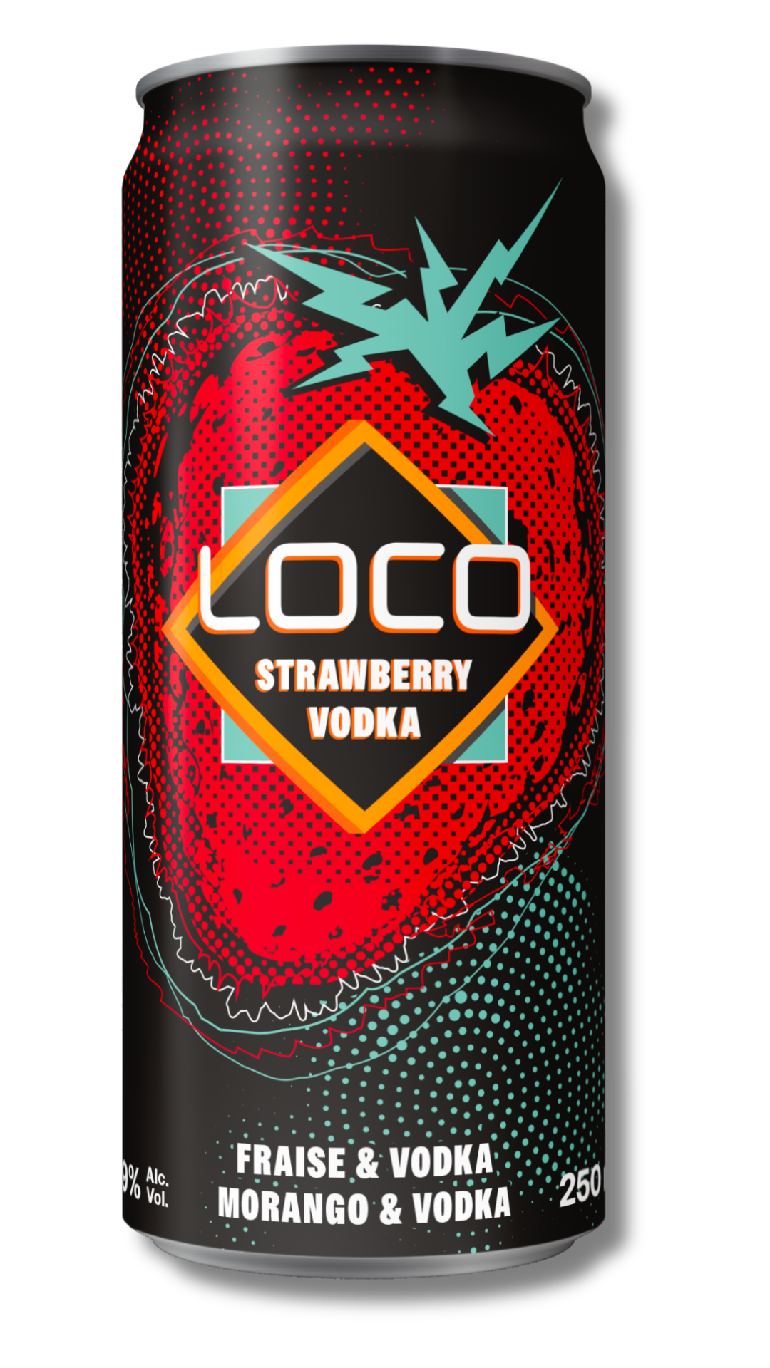 Canette de vodka à la fraise et à la mangue, goût strawberry, avec des éclairs et un motif de fraise en arrière-plan.