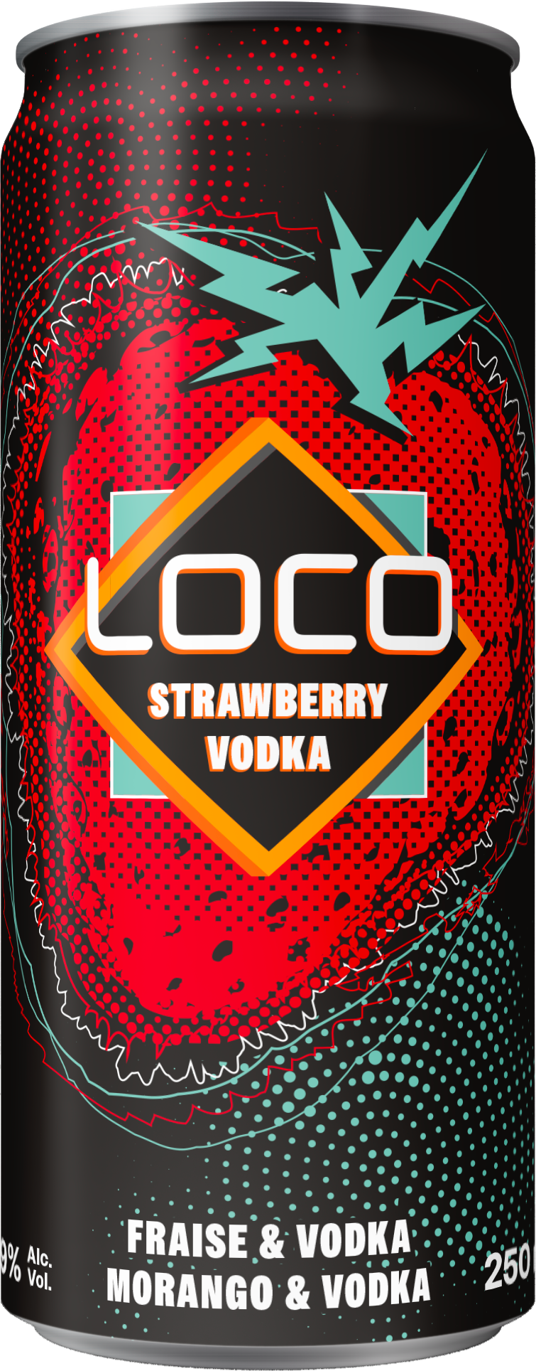 Canette de vodka parfumée à la fraise et à la mangue, avec une illustration de fruits et un logo "LOCO".
