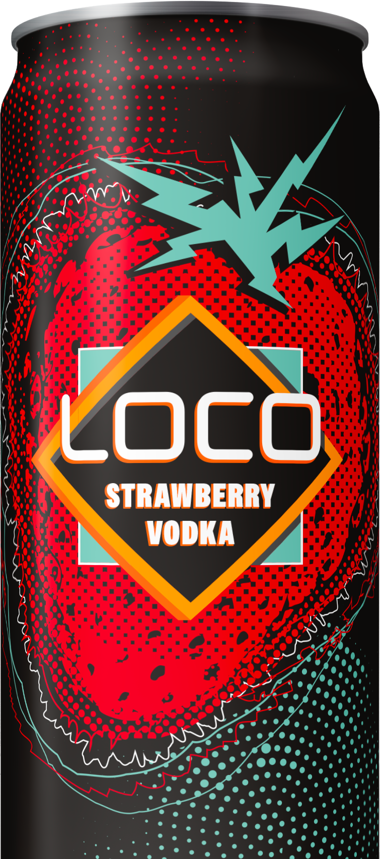 Canette de vodka à la fraise, emballage coloré avec éclairs et motifs graphiques.