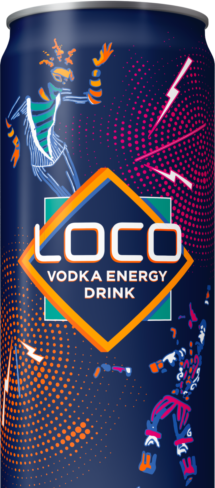 Une canette de boisson énergisante appelée LOCO vodka energy drink, avec un design coloré et dynamique, comprenant un personnage stylisé, des éclairs et des motifs de points.