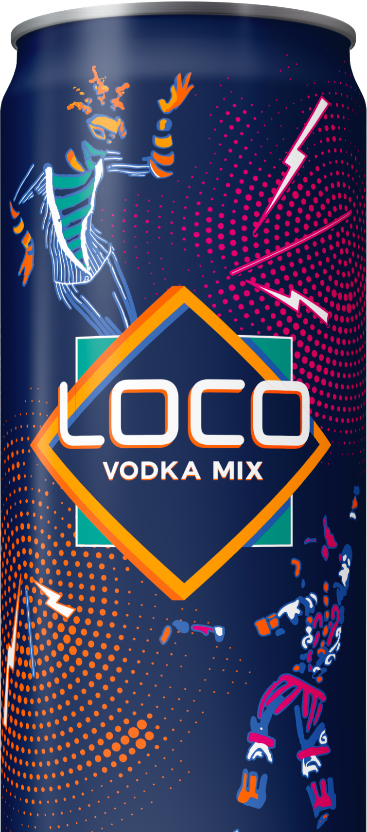 Une canette de cocktail alcoolisé nommé 'LOCO Vodka Mix' avec un design dynamique et coloré, incluant des illustrations de personnages stylisés et des éclairs en arrière-plan.