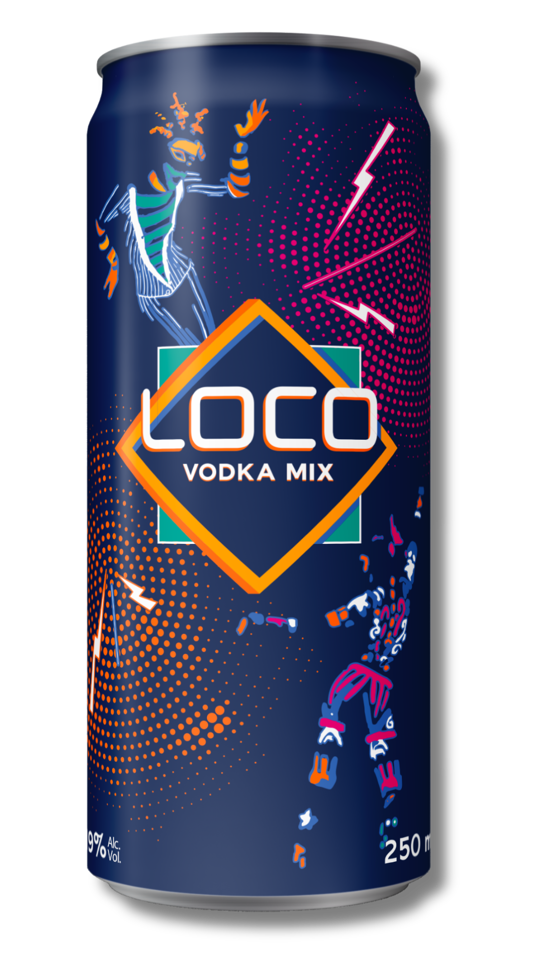 Canette de boisson énergisante Label LOCO Vodka Mix avec graphiques colorés et illustrations de danseurs et éclairs, 250 ml.