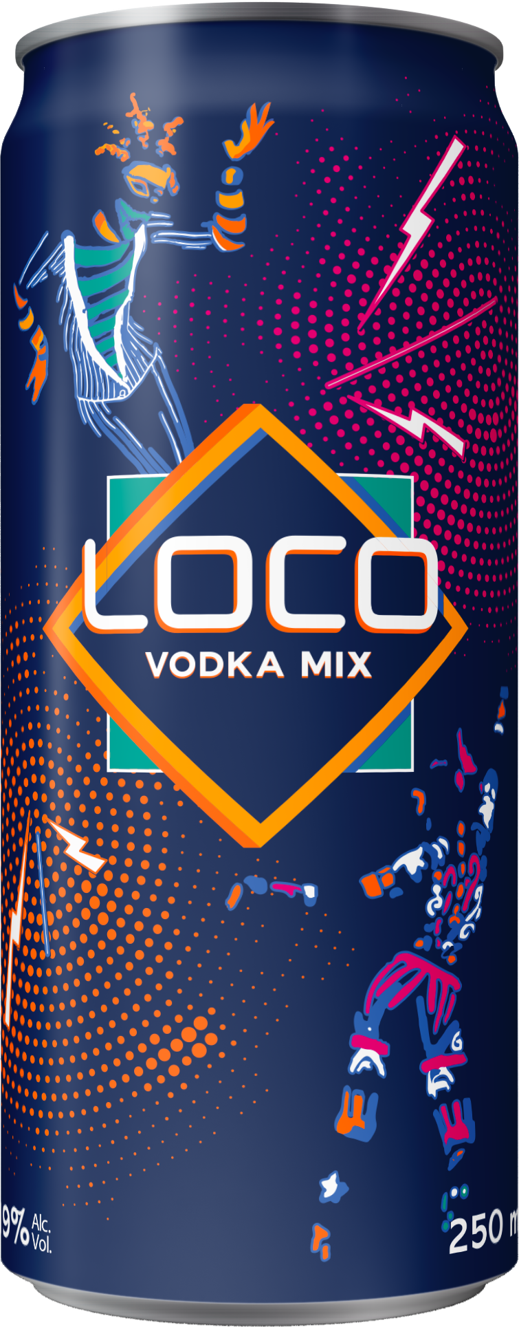 Canette de boisson énergisante Loco Vodka Mix avec un design coloré et graphique, incluant un personnage stylisé et des éclairs, sur fond bleu avec motifs en points roses et oranges.
