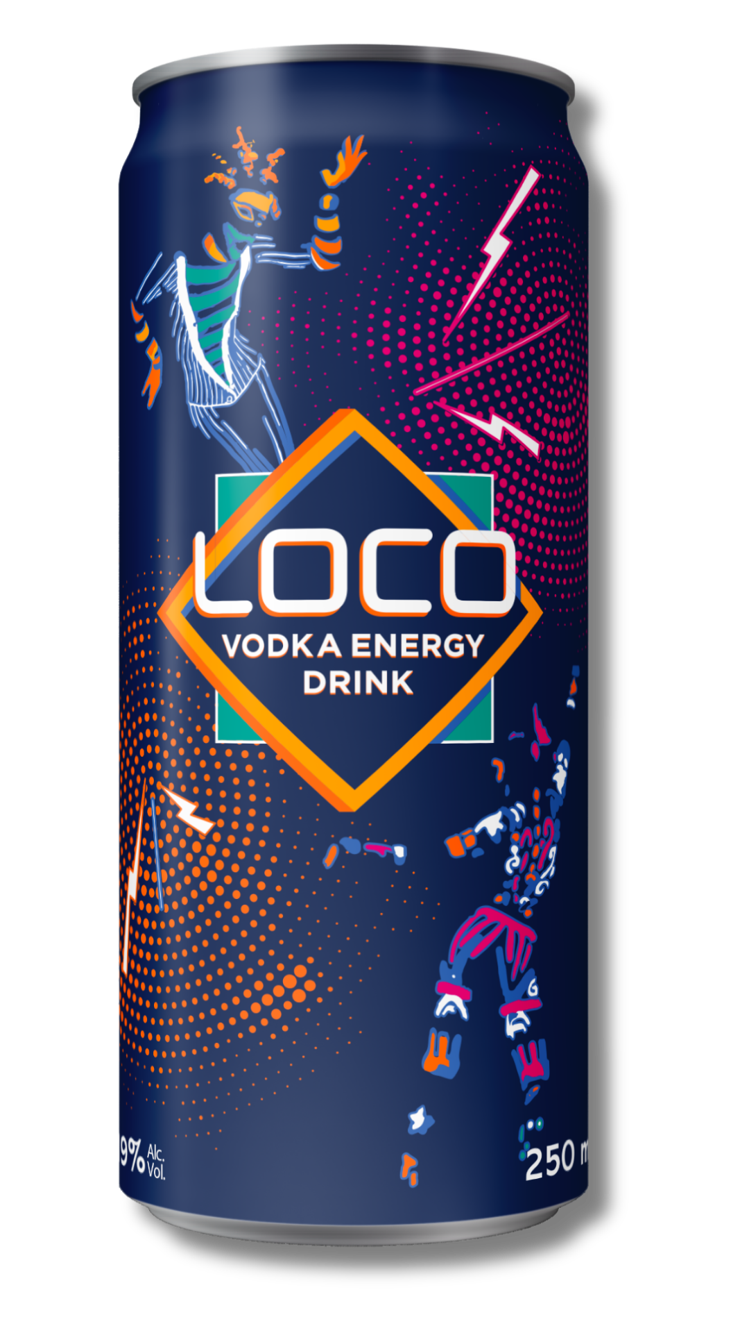Une canette de boisson énergisante 'LOCO Vodka Energy Drink' avec un design coloré, comprenant des illustrations de figures humaines et de motifs électriques, avec une capacité de 250 ml et un taux d'alcool de 9%.