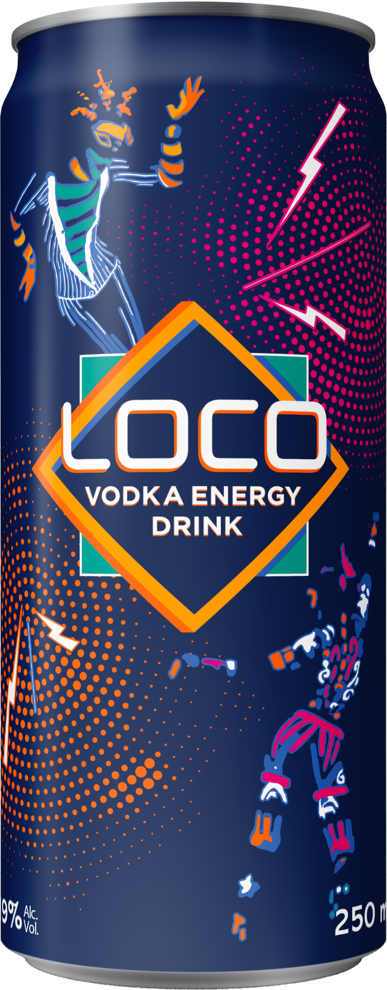 Une canette de boisson énergisante Loco Vodka Energy Drink avec un design coloré comprenant un personnage humanoïde et des éclairs, contre un fond violet avec des points roses.