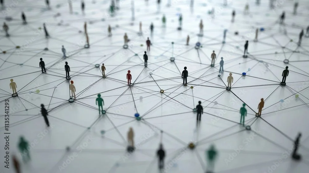 Illustration of a network of interconnected people represented by small human figures connected by lines on a white background.