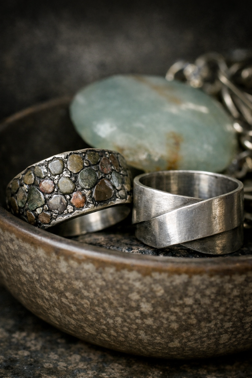 Close-up of handmade silver jewellery and natural stone pieces arranged in a ceramic bowl.