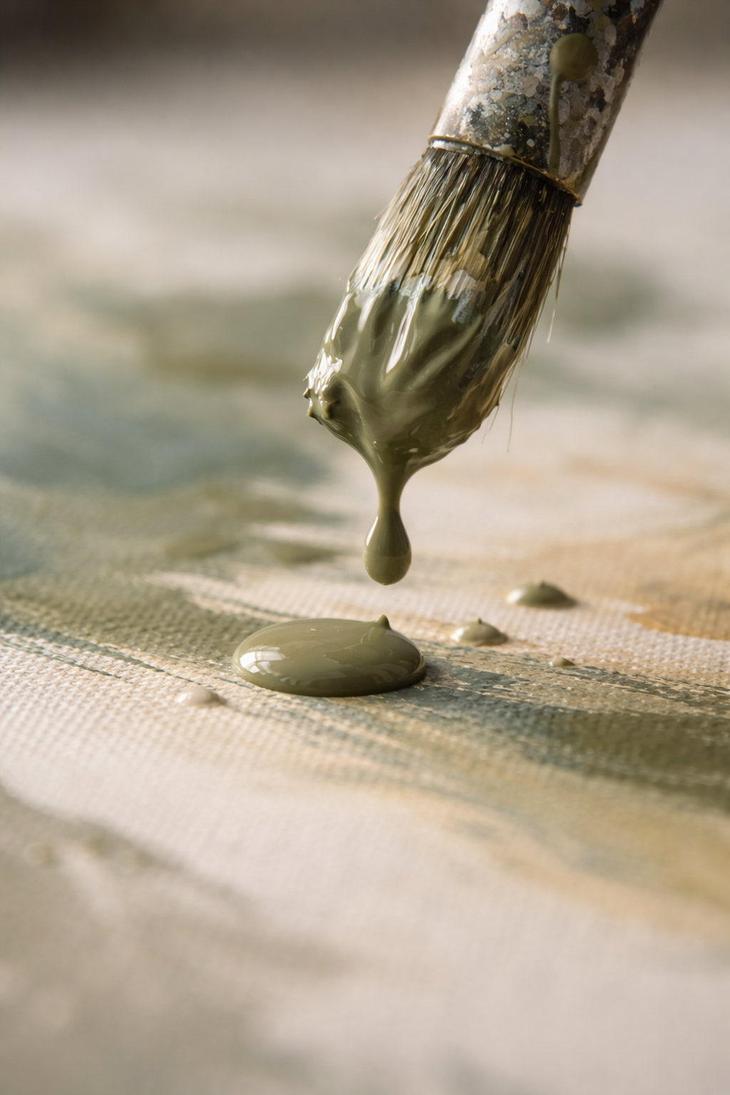 Close-up of paint dripping from a brush onto a canvas in muted earthy tones.