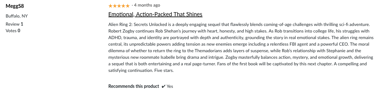 Review for the book "Alien Ring 2: Secrets Unlocked". Five-star rating. The review describes the novel's emotional and action-packed plot, blending coming-of-age, sci-fi adventure, and emotional drama.