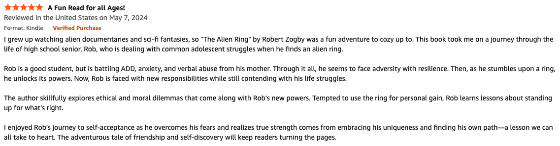 Screenshot of a book review about 'The Alien Ring' by Robert Zogby, discussing themes of adolescence, resilience, ethical dilemmas, and self-acceptance.