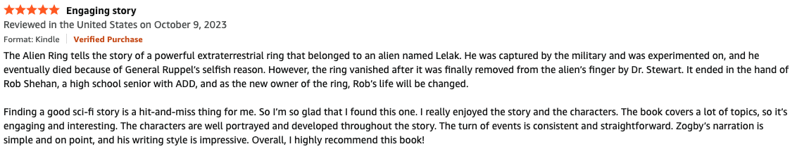 The image shows a book review praising a sci-fi story about an extraterrestrial ring named the Alien Ring and a character named Lelak, with a relatable narrative, well-developed characters, and engaging storytelling.