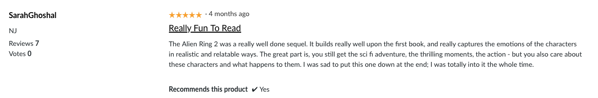 Product review for a book titled "The Alien Ring 2" with a 4-star rating and a positive review from Sarah Ghoshal, praising the sequel's storytelling and character depth.