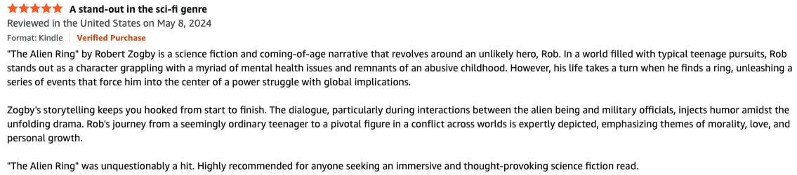 Screenshot of a book review describing 'The Alien Ring' by Robert Zogby, emphasizing its science fiction genre, engaging storytelling, and themes.