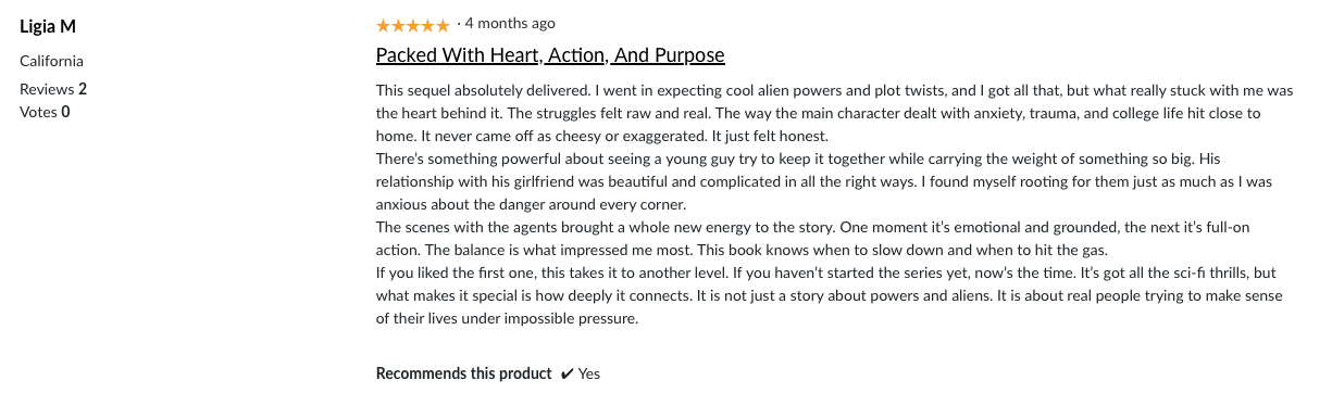 Customer review for a book titled 'Packed With Heart, Action, And Purpose' by Ligia M, who is from California. The review is positive, five stars, written four months ago, and mentions the story's emotional depth, character development, and themes of love and resilience.