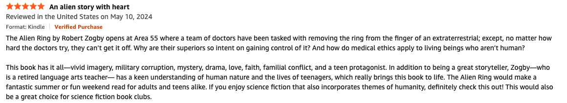Book review paragraph about 'The Alien Ring' by Robert Zogby, discussing themes and its appeal for science fiction readers.