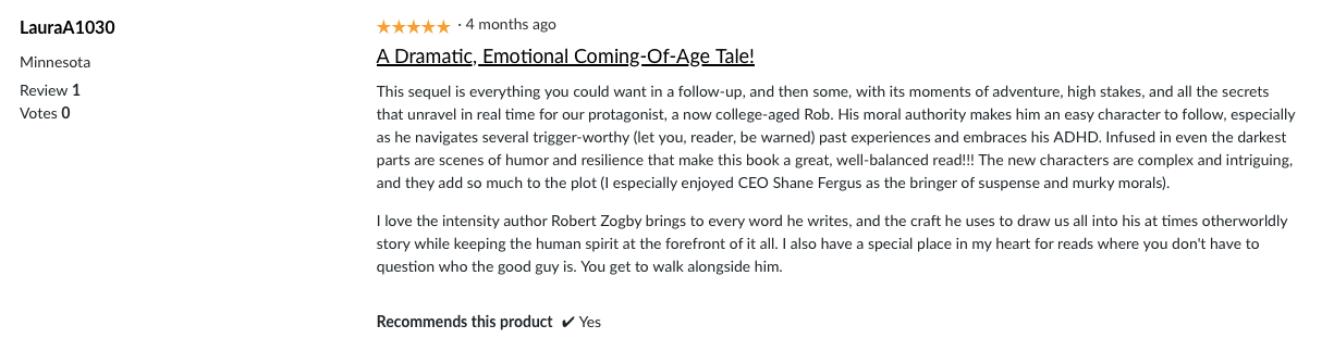 Review page for 'A Dramatic, Emotional Coming-Of-Age Tale!' including user details, star rating, review date, review content, and recommendation status.