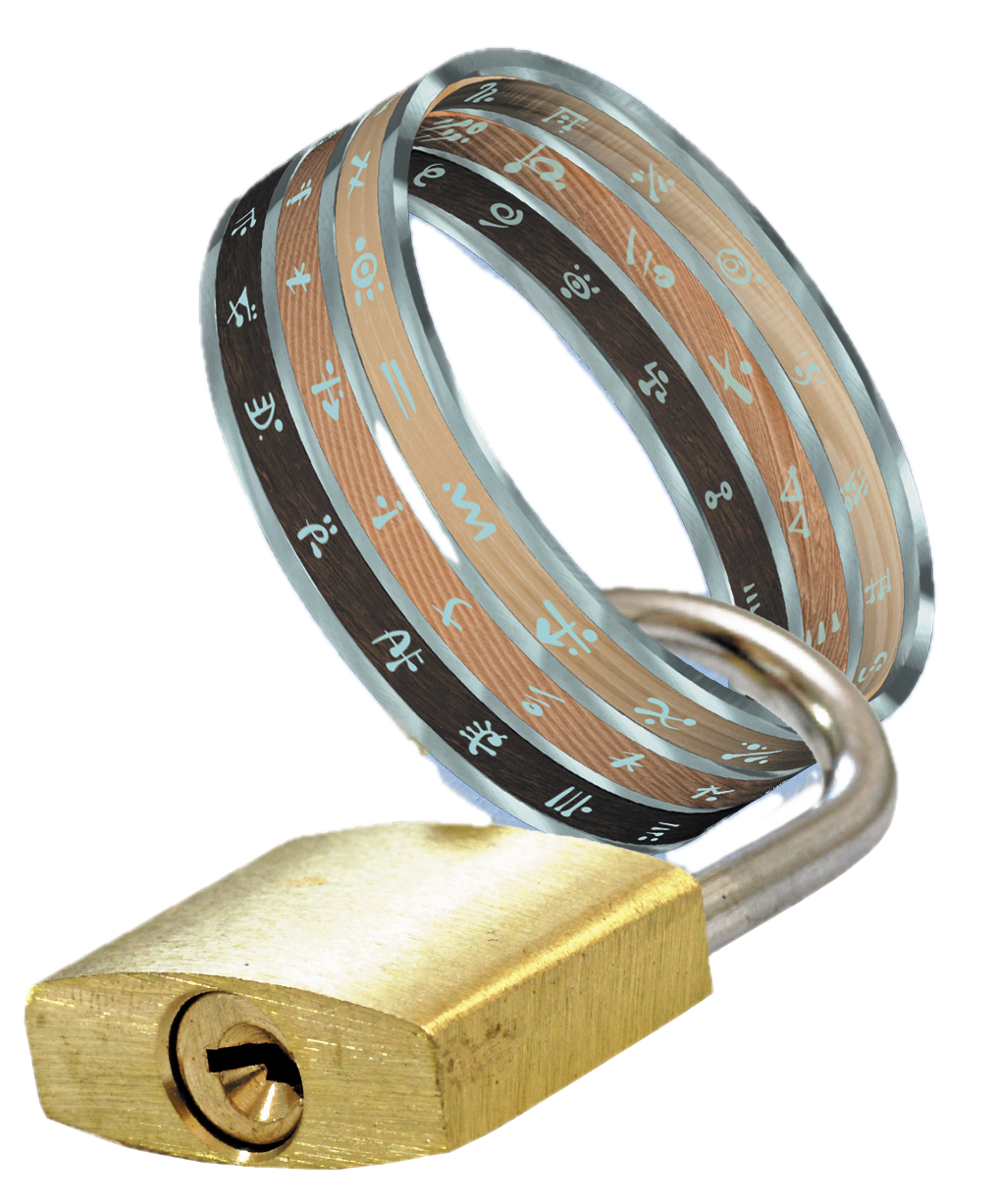 A combination padlock with rings decorated in different zodiac signs and symbols.