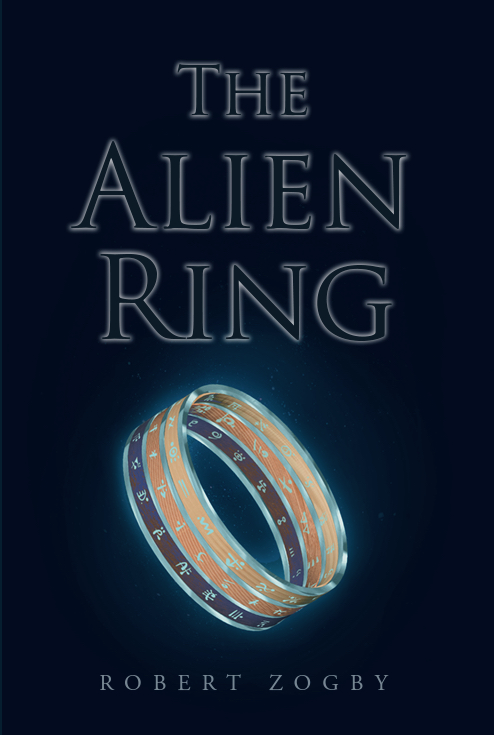 Book cover for 'The Alien Ring' by Robert Zogby, featuring an illustration of two glowing rings with alien symbols.