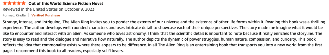 Book review for 'The Alien Ring', a sci-fi novel, rated five stars, reviewed on October 9, 2023.