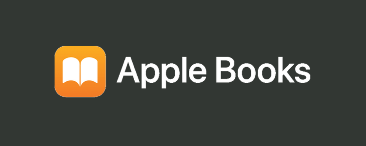 Apple Books logo with an orange book icon and white text on a dark background.