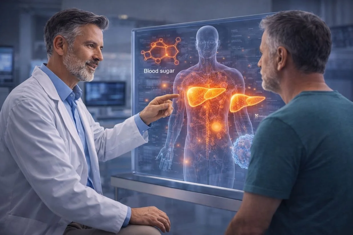 Stem cell therapy for metabolic diseases explained by doctor to patient with liver and pancreas visualization