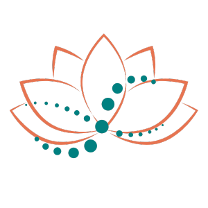 Stylized lotus flower with dotted accents in teal and coral on a black background.