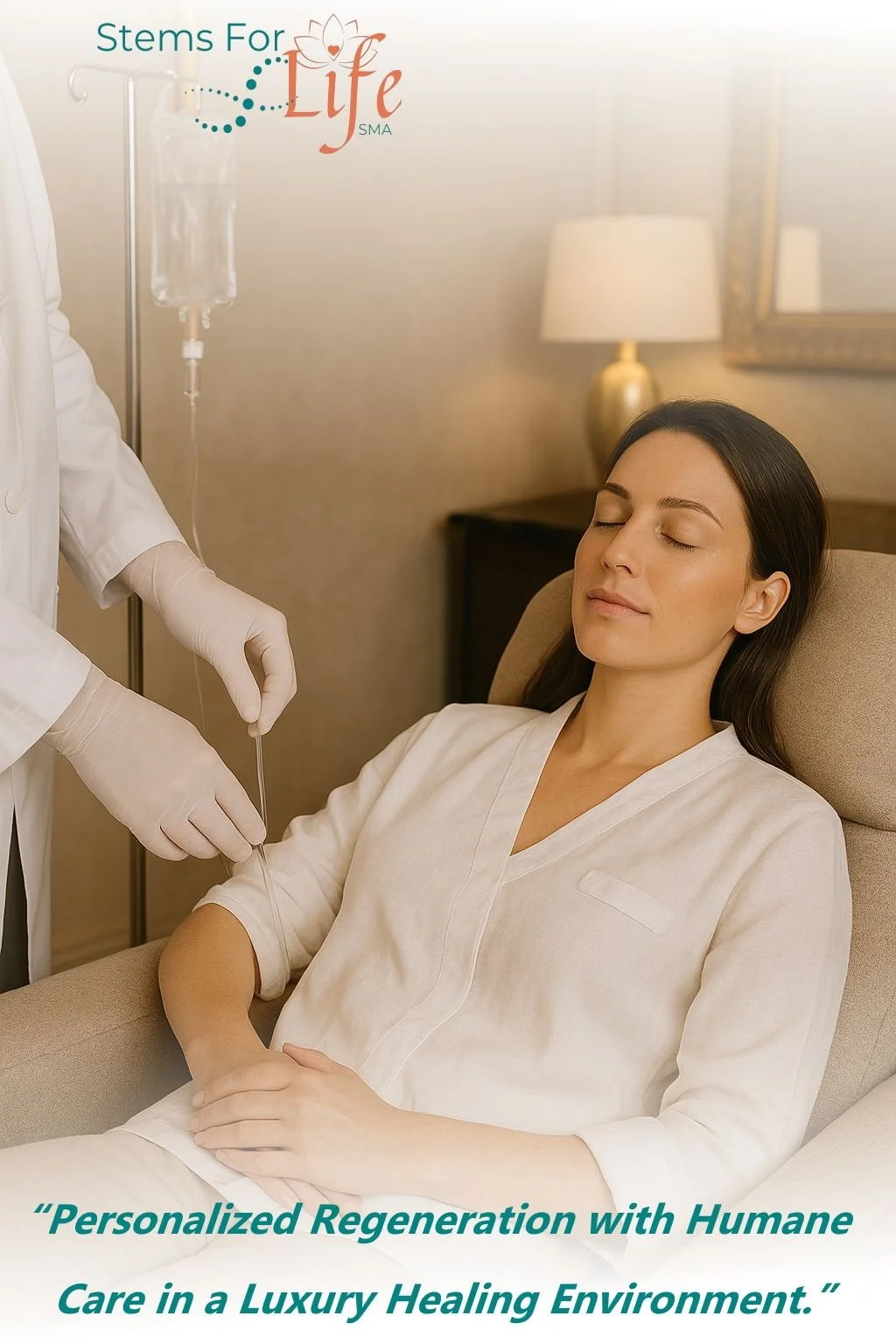 Woman sitting in a sofa chair getting an iv with stem cells and exosomes by a doctor in a luxury hotel room. the logo from Stemsforlife.com and a text saying Personalized Regeneration with Humane Care in a Luxury Environment.